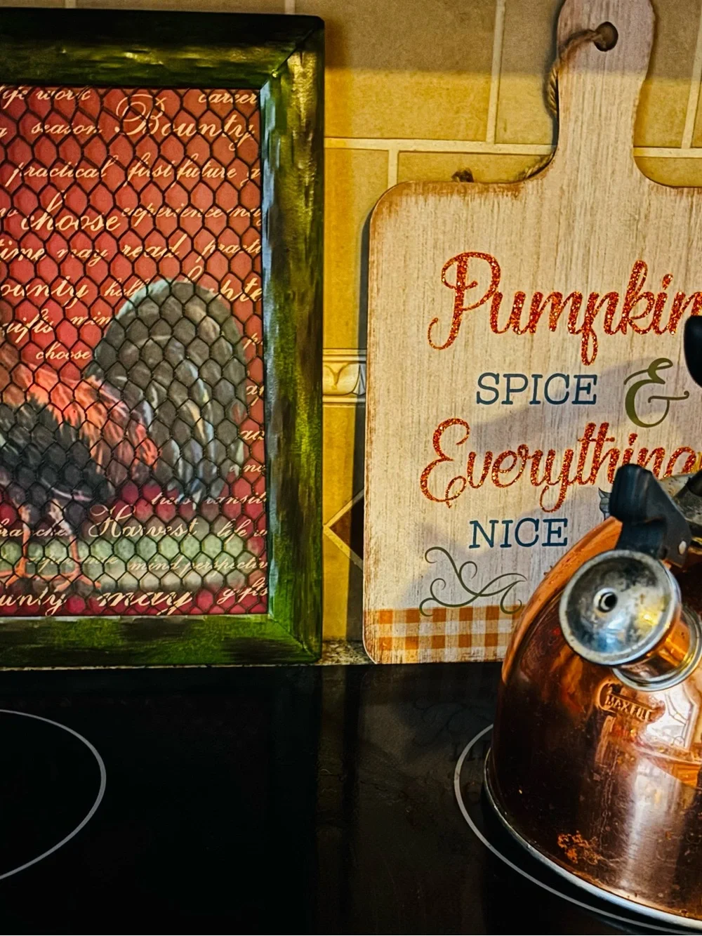 Rooster a rustic framed wall art piece behind chicken wire mesh.
